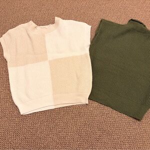 Cream and Green Knit Tops